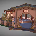 Cartoon Chinese Architectural Scene With Pavilion Tile Roof Bamboo Stone Steps And Windows