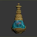 Blue Iridescent Decorative Bottle With Intricate Golden Accents And Ornate Top