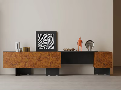 Elegant Modern Brown Wooden TV Stand With Drawers Cabinets Zebra Artwork Orange Sculpture Mirror 3d model