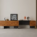 Elegant Modern Brown Wooden TV Stand With Drawers Cabinets Zebra Artwork Orange Sculpture Mirror