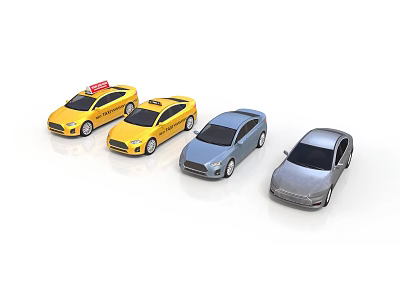 Collection of Model Cars Including Yellow Taxis and Gray Silver Sedans 3d model