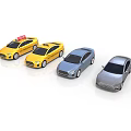 Collection of Model Cars Including Yellow Taxis and Gray Silver Sedans