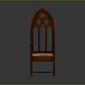 Wooden Leisure Chair With Carved Design Pointed Arch Backrest Armrests And Striped Seat