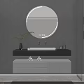 Modern Bathroom Interior With Round LED Mirror Vanity Green Plant And Storage Cabinets