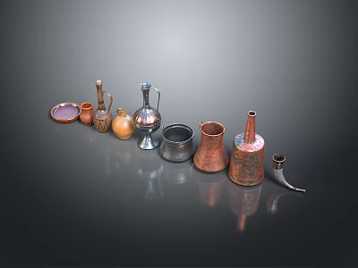Vintage Metal Household Containers Including Pitchers Jugs Plates And Small Bowls 3d model