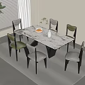 Modern Interior Dining Table Set With Marble Top Green Beige Chairs Fruit Bowl And Vase