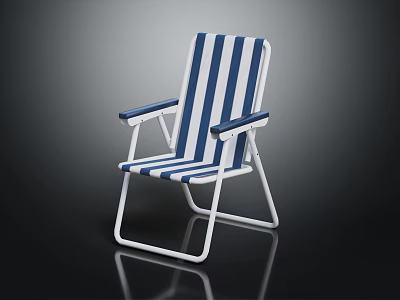 Blue and White Striped Folding Chair with Metal Frame and Armrests for Casual Outdoor Seating 3d model