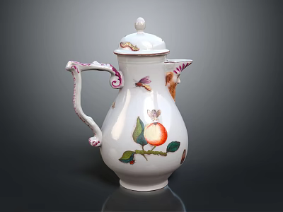 Elegant White Ceramic Jug With Lid And Colorful Apple Butterfly Leaf Decorations 3d model
