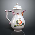 Elegant White Ceramic Jug With Lid And Colorful Apple Butterfly Leaf Decorations