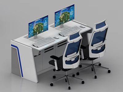 Modern White Office Desk with Dual Monitors Green Screens and Ergonomic Blue Chairs 3d model