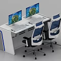 Modern White Office Desk with Dual Monitors Green Screens and Ergonomic Blue Chairs