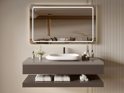 Modern Bathroom Cabinet With Lighted Mirror Sink Countertop Bottles And Towel Shelf 3d model