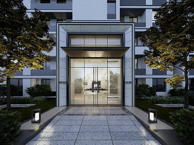 Modern Residential Apartment Building Entrance With Glass Doors Stone Pathway Trees and Lighting 3d model