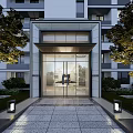 Modern Residential Apartment Building Entrance With Glass Doors Stone Pathway Trees and Lighting