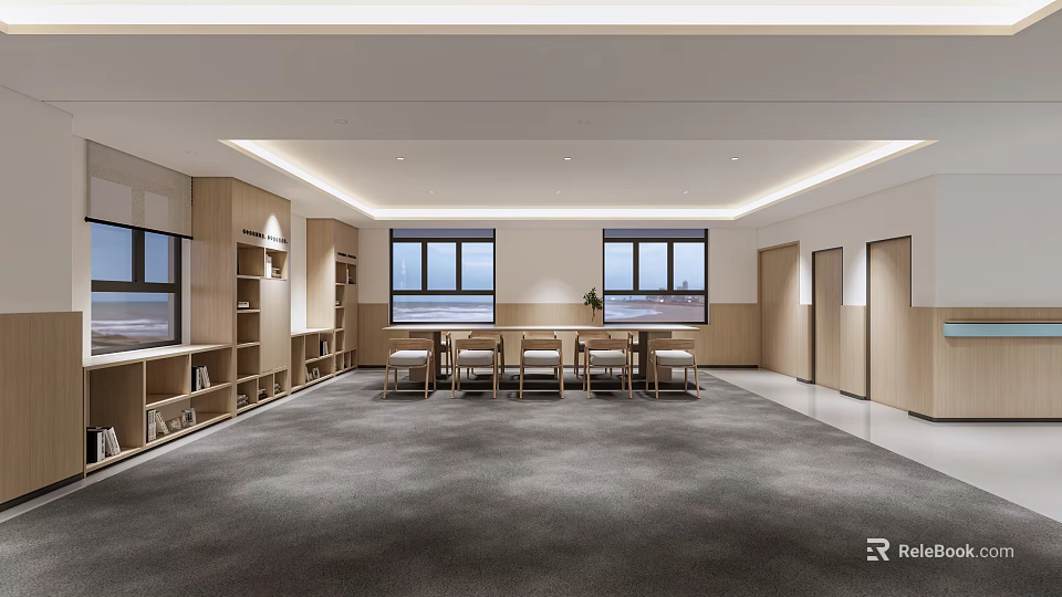 Modern Spacious Lounge Interior With Large Windows Wooden Bookshelves And Gray Carpet 3d model 