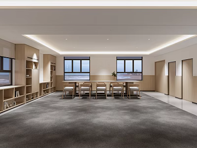 Modern Spacious Lounge Interior With Large Windows Wooden Bookshelves And Gray Carpet 3d model