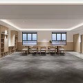 Modern Spacious Lounge Interior With Large Windows Wooden Bookshelves And Gray Carpet