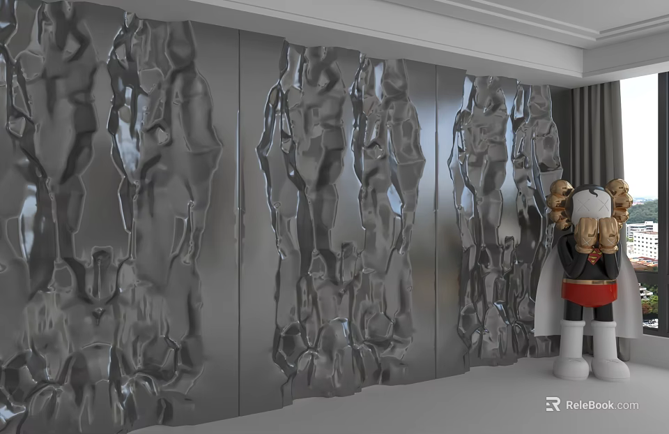 Silver Metallic Background Wall With Irregular Textured Surface And Decorative Doll 3d model 