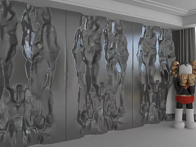 Silver Metallic Background Wall With Irregular Textured Surface And Decorative Doll 3d model