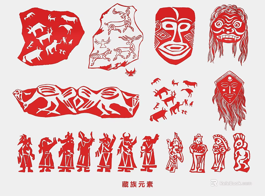 Chinese Red Paper-Cut Hangings With Eagle Flag Elements Animal Figures And Masks 3d model 