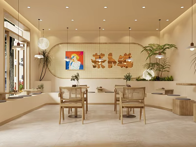 Cozy Milk Tea Shop Interior Design With Decor Plants And Warm Lighting 3d model