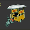 Yellow Three Wheeled Motorcycle With White Canopy Red Lettering And Black Seats