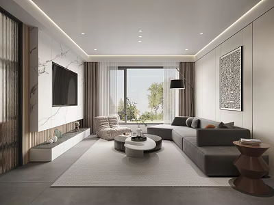 Modern Living Room Interior With Gray Sofa Marble TV Wall And Floor To Ceiling Window 3d model