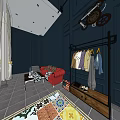 Fashion Clothing Store Interior With Dark Blue Walls Iron Racks Chandelier Displayed Apparel And Shoes