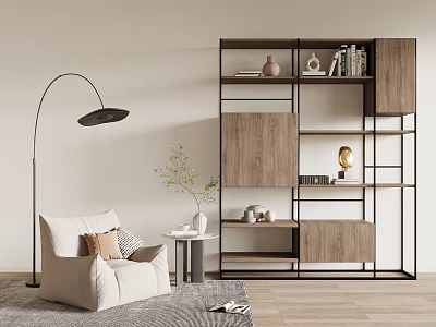 Modern Wooden Metal Frame Bookshelf In Living Room With Beige Armchair Floor Lamp And Green Plant 3d model