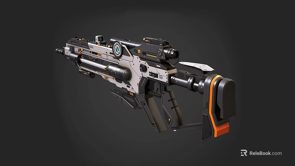 Detailed Sci-Fi Weapon Design With Mechanical Structure And Orange Accents 3d model 