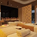 SPA Sauna Interior With Massage Bed Bathtub Warm Lighting And Wooden Walls