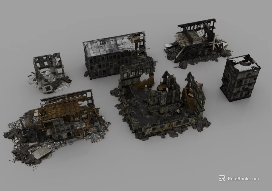 Damaged Building Components in Ruined Urban Structures with Broken Frames and Debris 3d model 
