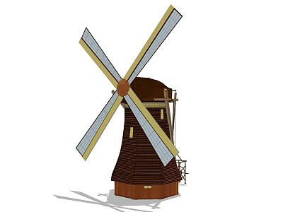 Traditional Windmill Building Components With Wooden Tower And Rotating Blades 3d model