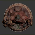 Red Cartoonish Creature Character Sculpture With Large Arms Standing On Decorative Base