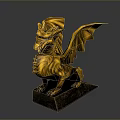 Golden Dragon Mythical Creature Statue With Spread Wings On Dark Stone Base Decorative Sculpture