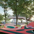 Outdoor Colorful Kids Playground With Slide Climbing Structure And Shaded Trees