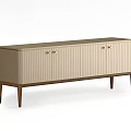 Modern Light Beige TV Stand With Vertical Stripe Doors Golden Handles And Dark Wooden Legs