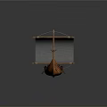 Traditional Wooden Boat With Gray Sail Carved Dragon Head And Red Round Seats