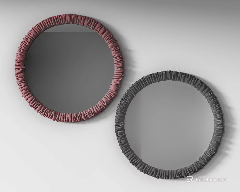 Two Round Mirrors With Red And Gray Ruched Frames For Wall Decor 3d model