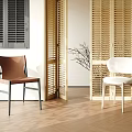 Brown and White Leisure Chairs in Modern Minimalist Interior with Wooden Shutters and Flooring