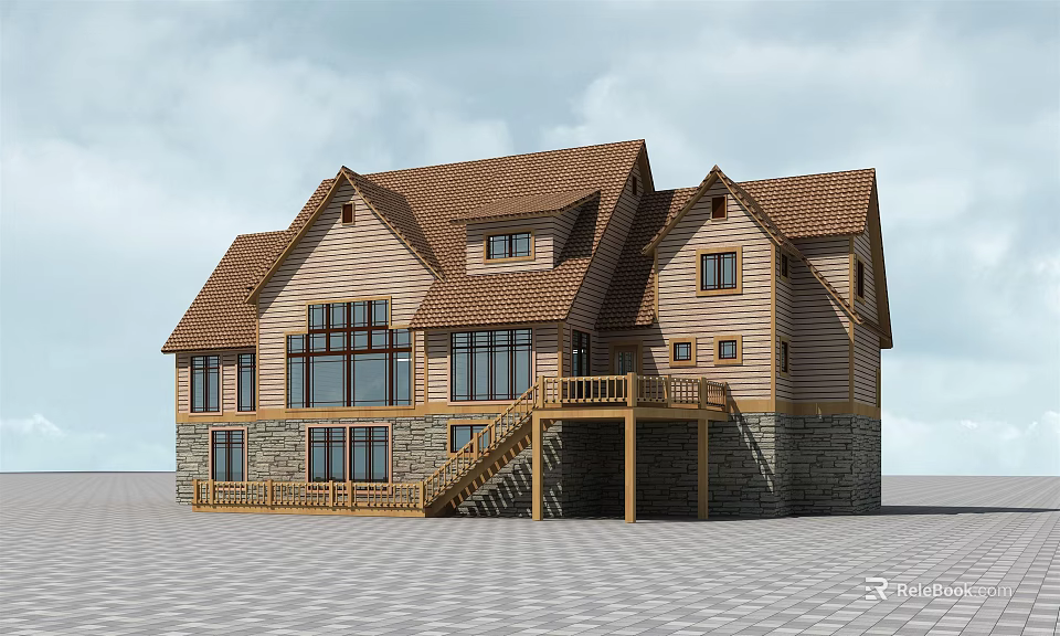 Wooden Hotel Building Exterior With Brown Roof Large Windows Stone Base And Balcony Stairs 3d model 
