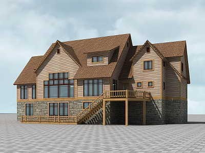 Wooden Hotel Building Exterior With Brown Roof Large Windows Stone Base And Balcony Stairs 3d model