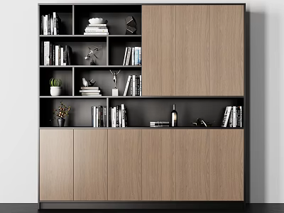 Modern Wooden Bookcase Interior Design With Shelves Books Decorations And Green Plants 3d model