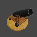 Vintage Black Cannon with Wooden Carriage and Wheels on Yellow Tiled Base