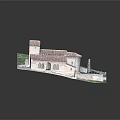 Traditional Style Residential Building With Red Tile Roof Stone Walls Arched Doors And Garden Yard