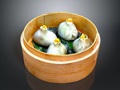 Delicious Steamed Buns with Yellow Topping Served in Bamboo Steamer on Green Leaves 3d model