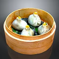 Delicious Steamed Buns with Yellow Topping Served in Bamboo Steamer on Green Leaves
