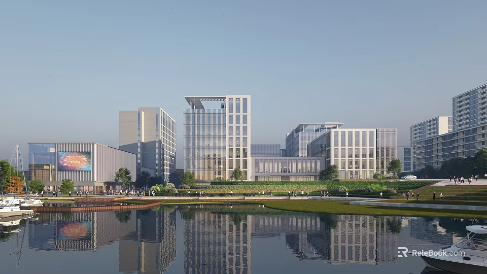 Modern Industrial Workshop Area With Glass Curtain Walls Greenery And Water Reflections 3d model