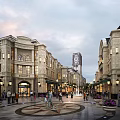 Classical Commercial Street With Pedestrians Street Lamps And Flower Pots