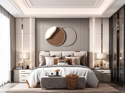 Elegant Modern Bedroom Interior With Circular Decorative Mirrors Headboard Pillows And Ottoman 3d model
